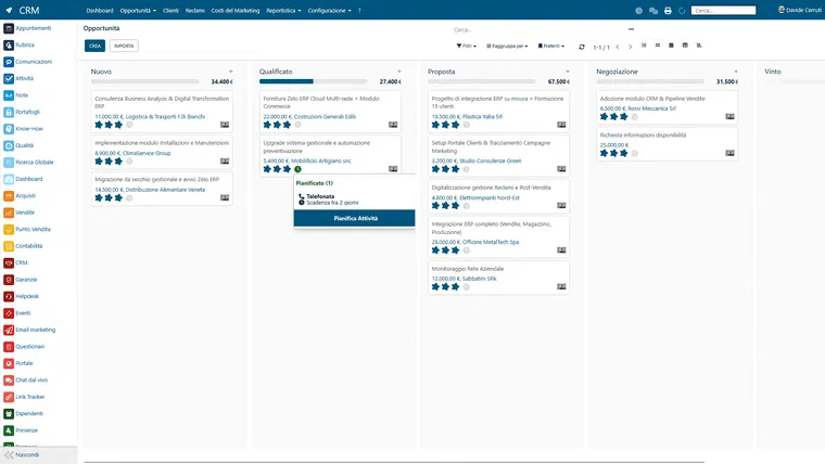Interfaccia del modulo CRM di Zelo ERP: pipeline delle opportunità di vendita su lavagna kanban