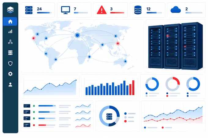 Dashboard di monitoraggio IT con avvisi su server e reti